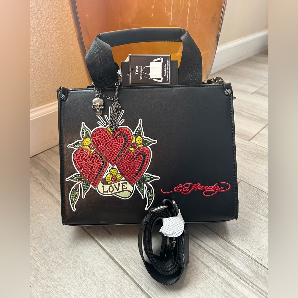 Ed Hardy Black Women's tote Bag with Heart Design